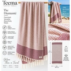 NWT Teema The Diamanté Turkish Beach Towel 70x38 Organic Cotton Burgundy Cream